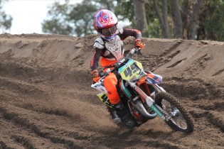 KTM's Jett Lawrence charged to a commanding qualifying race win today at Shrubland Park for the first official race day of the 2015 KTM AJMX. Image - Tenaya Smith - TS Photographics